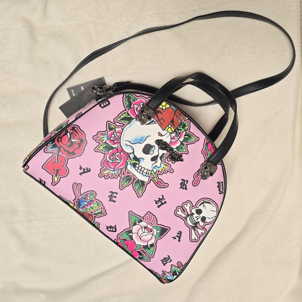 Ed Hardy Pink Floral Skull Print Lunch Tote